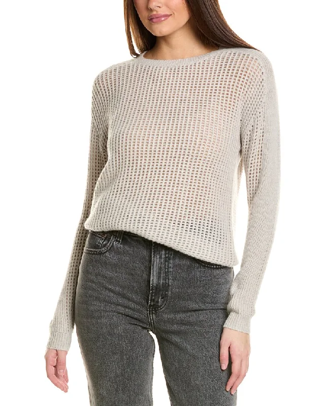 Amicale Cashmere Mesh Crewneck Cashmere Sweater Seamless Knitted Crochet