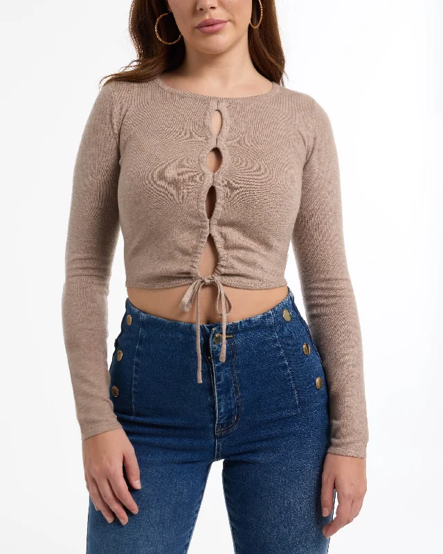 BEBE Women's Heathered Front Tie Sweater Wool Fabric Cashmere Fabric Tweed Fabric