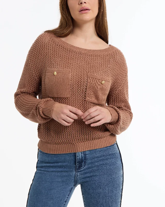 BEBE Women's Open Knit Pocket Detail Sweater Mesh Fabric Canvas Fabric Denim Fabric
