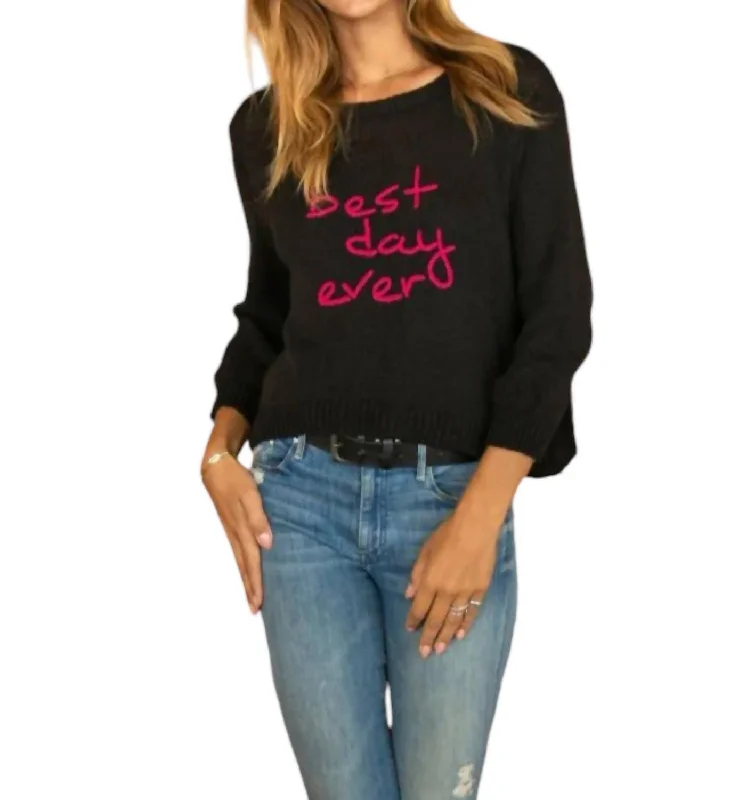 Best Day Ever Sweater In Black Ribbed Striped Patterned