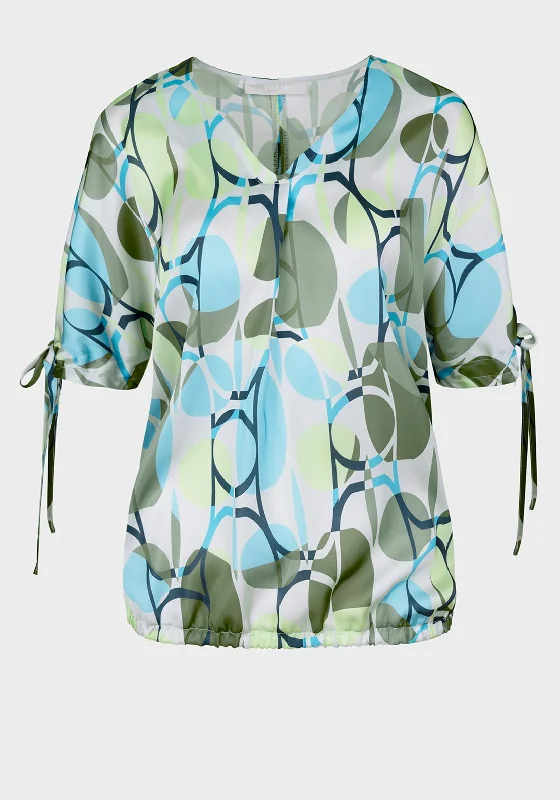 Bianca V-Neck Abstract Print Blouse, Green Mix Cotton Casual Blouse