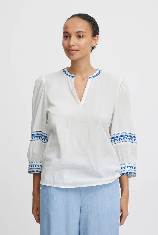 B.Young Jiya Embroidered Trim Blouse, Palace Blue Mix Office Formal Blouse
