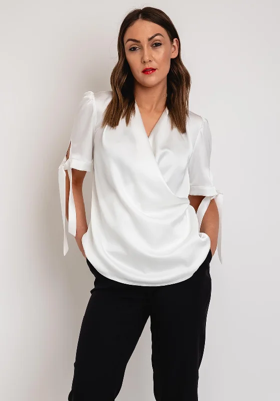 Camelot Draped Neckline Tie Sleeve Blouse, White Lightweight Linen Blouse