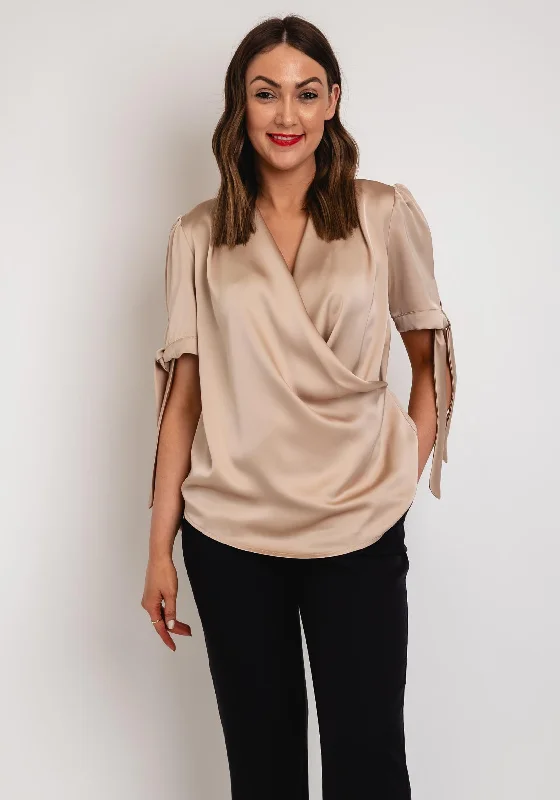Camelot Draped Neckline Tie Sleeve Blouse, Beige Feminine Puff Blouse