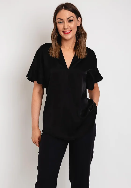 Camelot V-Neck Satin Touch Blouse, Black Elegant Office Blouse