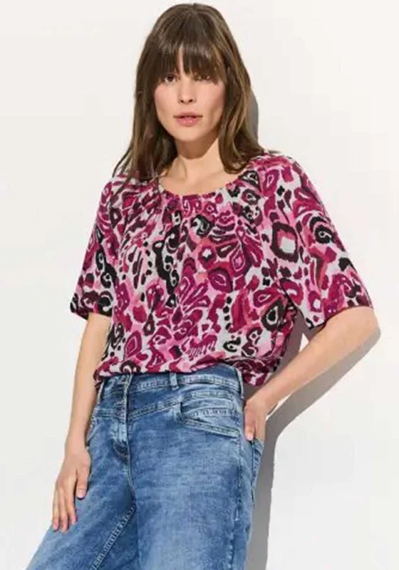 Cecil Ornament Print Carmen Blouse, Bloomy Pink Balloon Sleeve Blouse