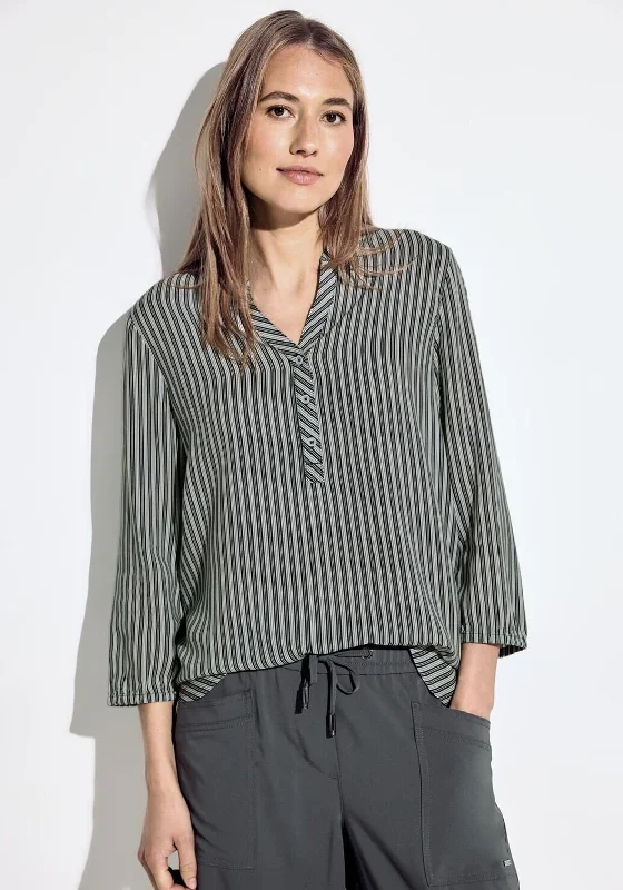Cecil Three Quarter Length Sleeve Striped Blouse, Khaki Double-Layered Blouse