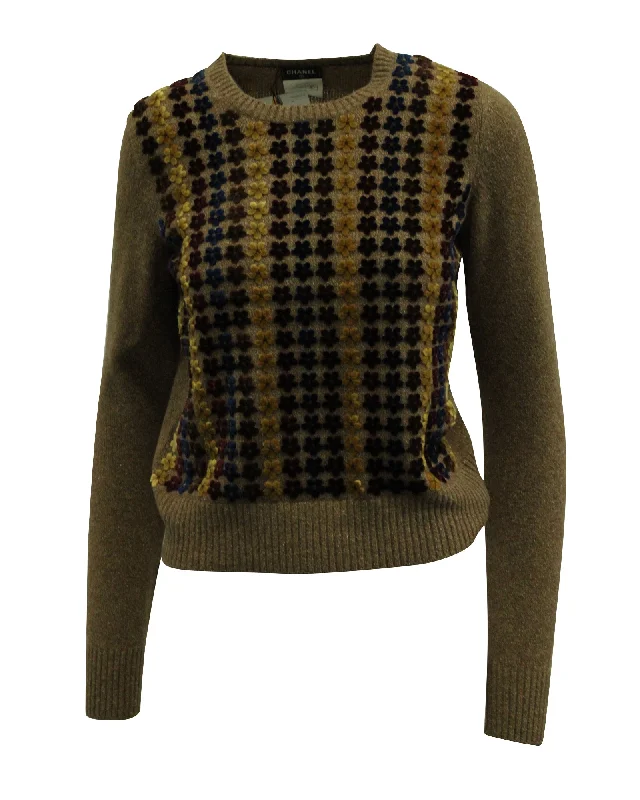 Chanel Floral Knit Sweater in Brown Wool Velvet Chenille Corduroy