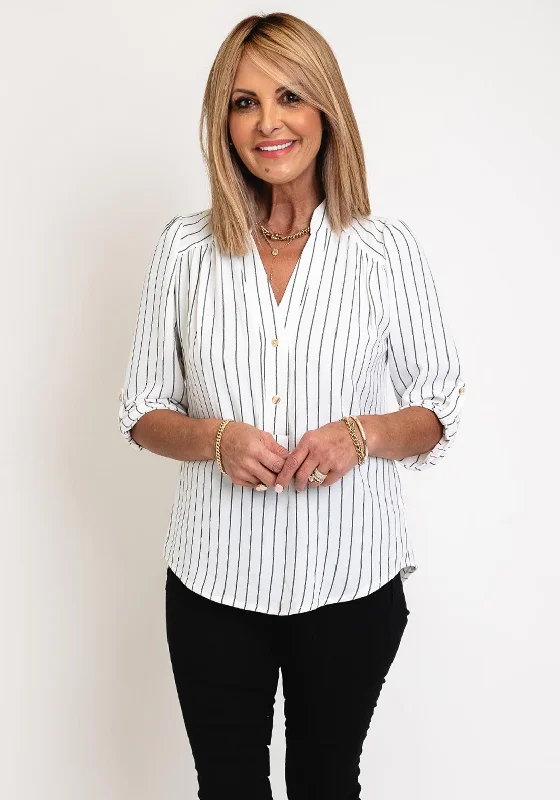 Serafina Collection V-Neck Striped Blouse, White Chic Wrap Blouse