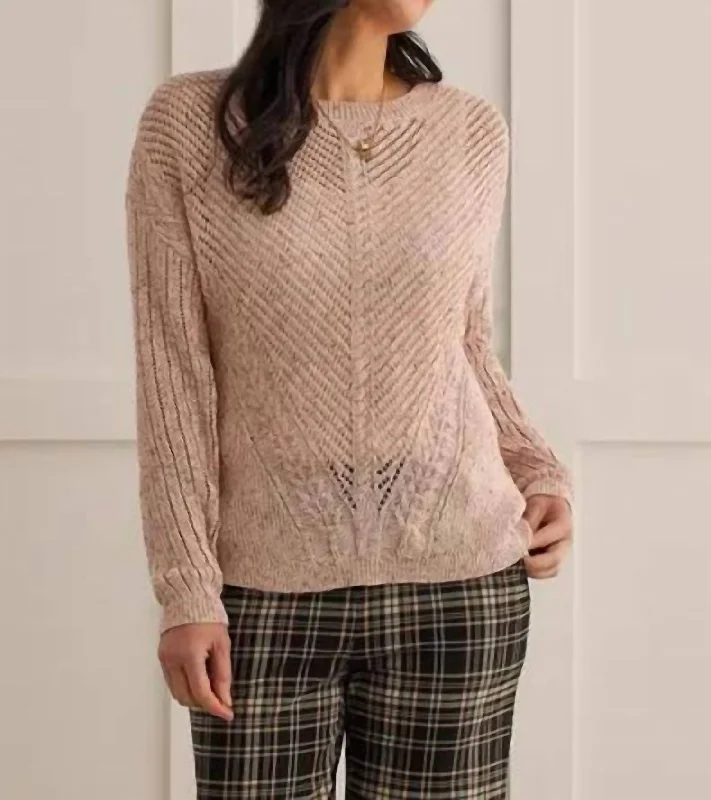 Combo-Knit Scoop Neck Sweater In Oatmeal Solid Print Embellished