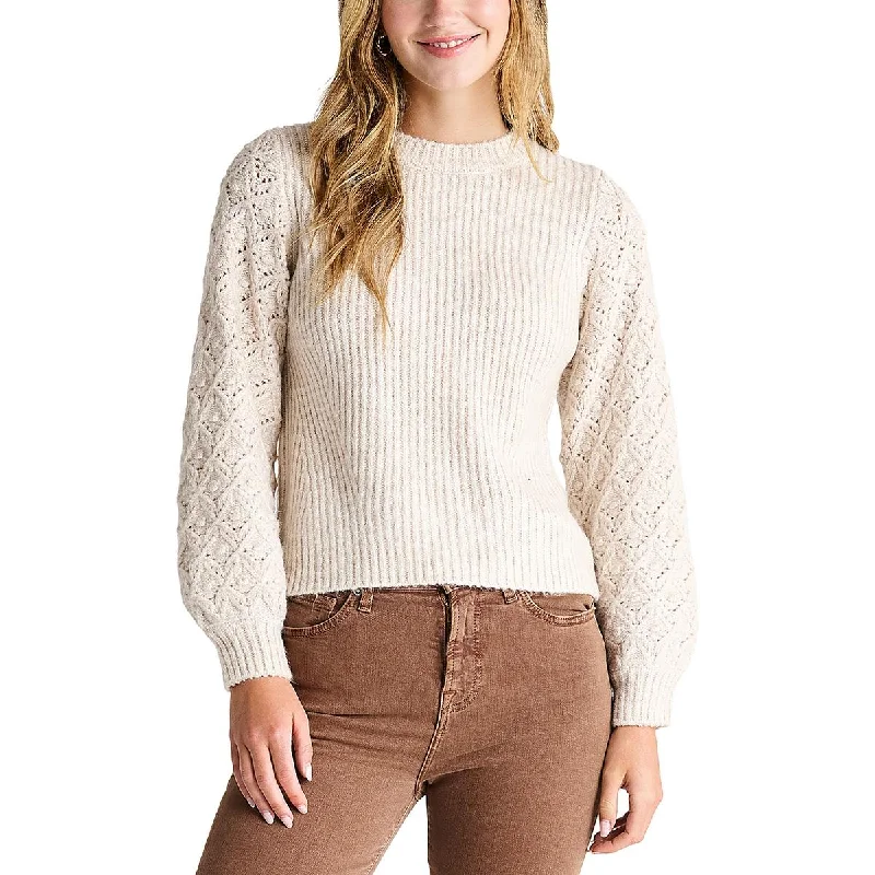 Connie Womens Open Stitch Long Sleeve Crewneck Sweater Solid Color Striped Floral Print