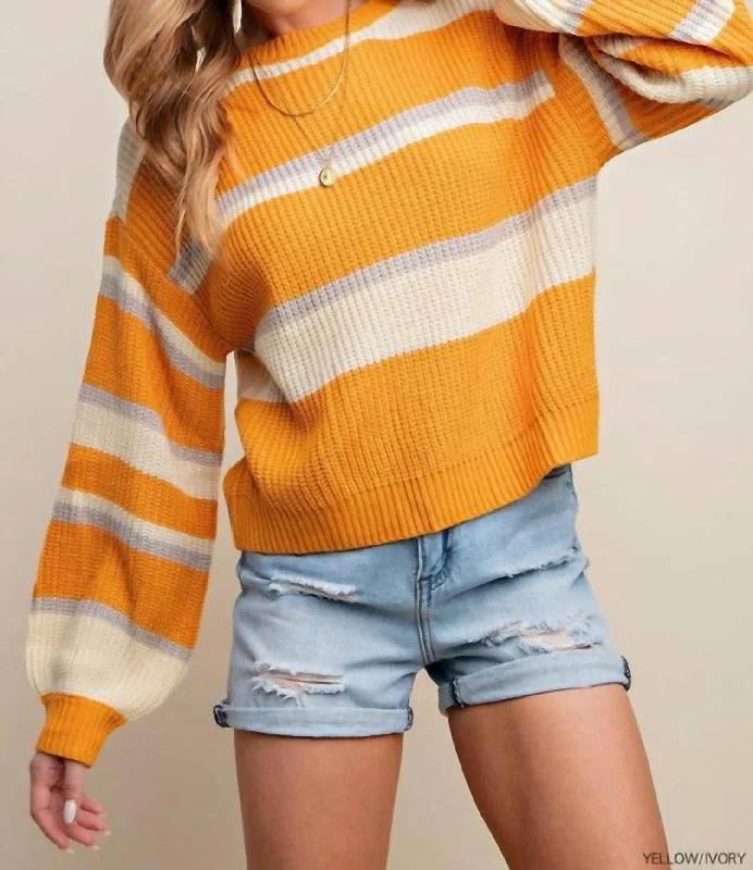 Crewneck Striped Sweater In Yellow/ivory Fitted Slim Tailored