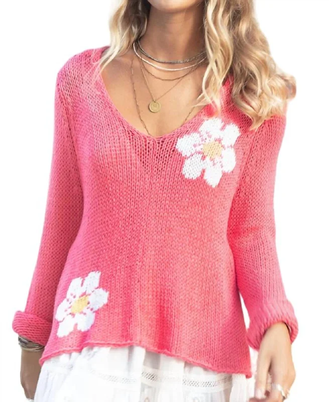 Daisy V Cotton Sweater In Coral Hibiscus Lightweight Heavyweight Midweight