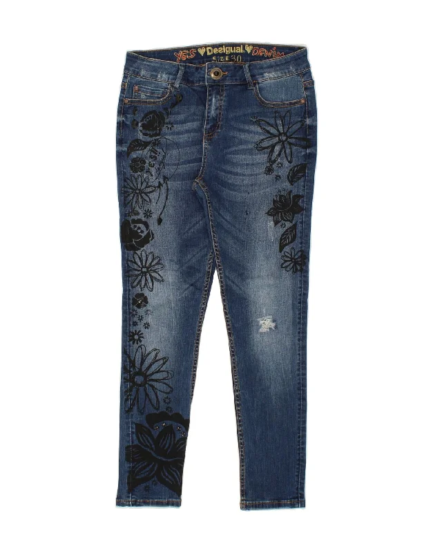 DESIGUAL Womens Graphic Skinny Jeans W30 L27 Blue Floral Trendy Patchwork Denim Jeans DESIGUAL Womens Graphic Skinny Jeans W30 L27 Blue Floral Trendy Patchwork Denim Jeans
