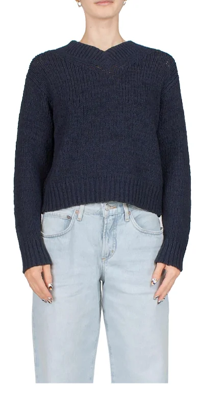Drop Shoulder V-Neck Sweater In Navy Graphic Sweater Embroidered Appliqued
