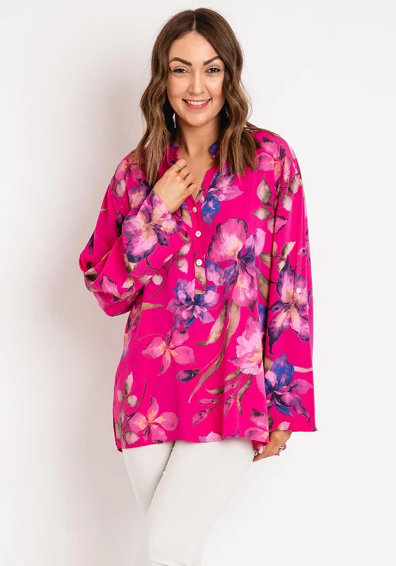 Serafina Collection One Size Floral Tunic Blouse, Cerise Peter Pan Collar Blouse