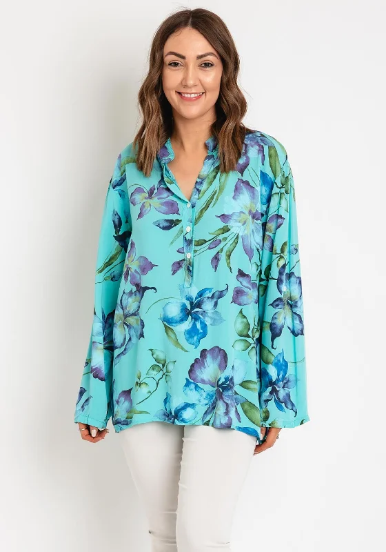 Serafina Collection One Size Floral Tunic Blouse, Teal Feminine Puff Blouse