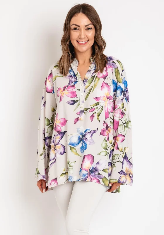 Serafina Collection One Size Floral Tunic Blouse, White Multi Chic Square Blouse