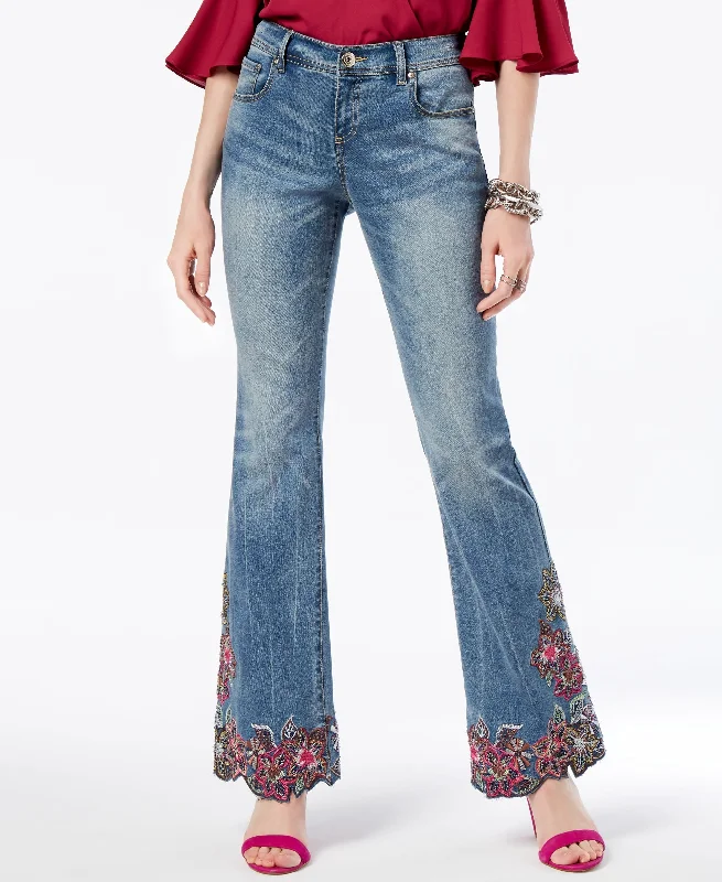 Embroidered Flare Leg Jeans Stylish Acid-Wash Jeans