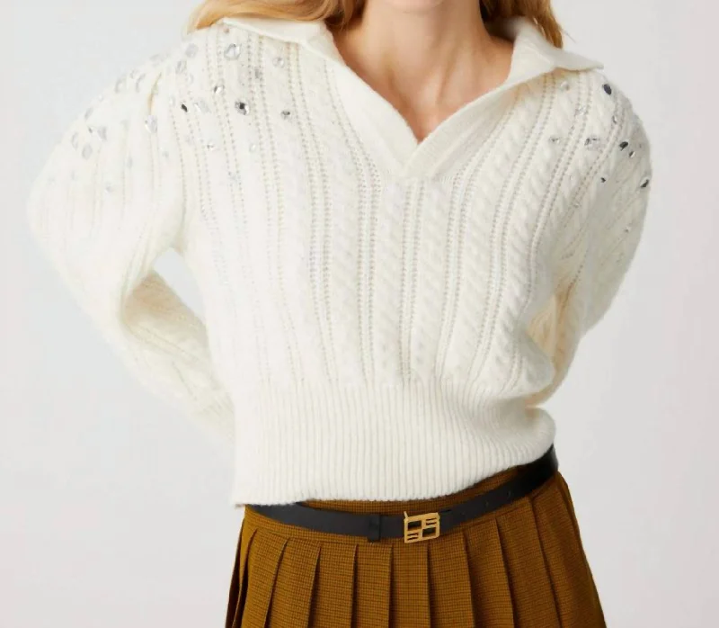 Embroidered Sleeves Polo Sweater In Off White Chenille Brocade Lace