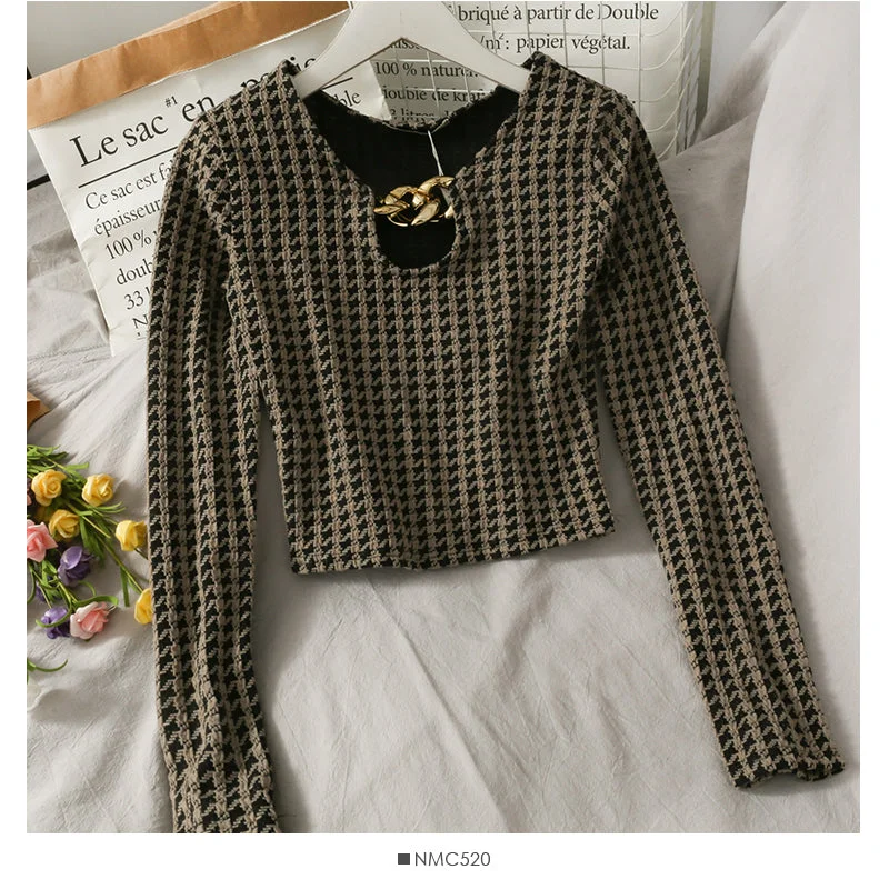 French minority thousand bird lattice short slim and thin blouse for women  2054 Feminine Ruffle Blouse