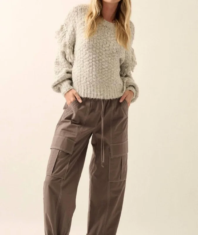 Fringed Sleeve Sweater In Grey Print Jacquard Patchwork