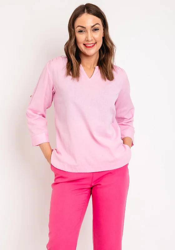 Fransa Maddie Split Neck Linen Blouse, Pink Wrap Front Blouse
