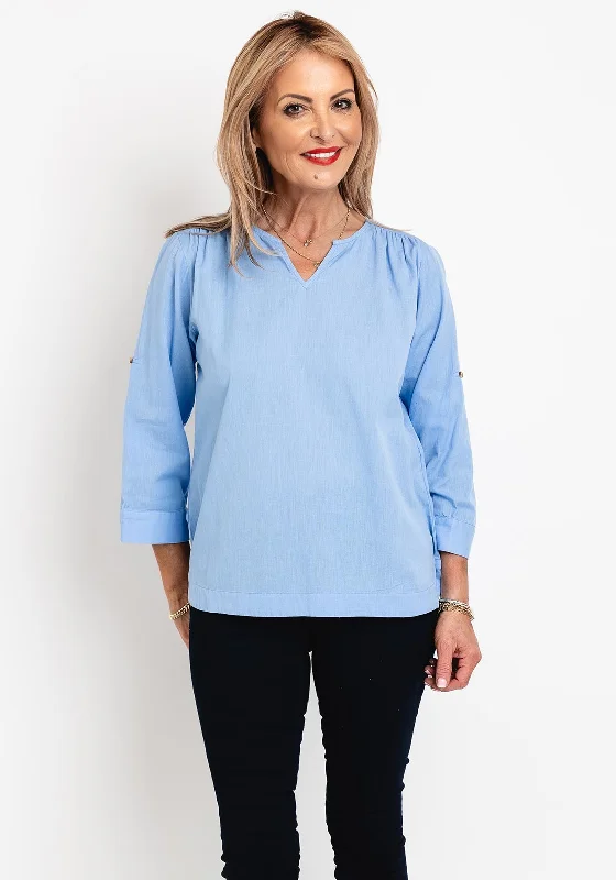 Fransa Maddie Split Neck Linen Blouse, Blue Asymmetric Hem Blouse