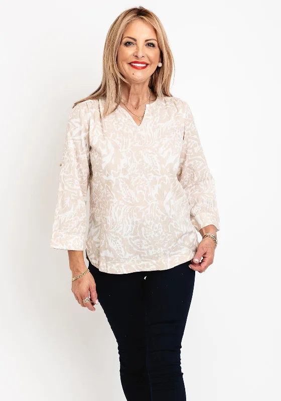Fransa Maddie Split Neck Linen Blouse, Stone Elegant Lace Blouse