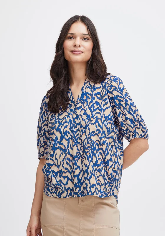 Fransa Merle Abstract Print Blouse, Beaucoup Blue Lightweight Tunic Blouse