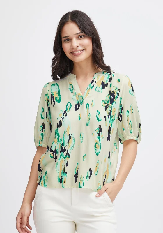 Fransa Merle Abstract Print Blouse, Brook Green Side Tie Blouse
