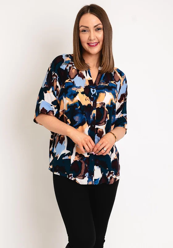 Fransa Taya Abstract Blouse, Beaucoup Blue Modern Work Blouse