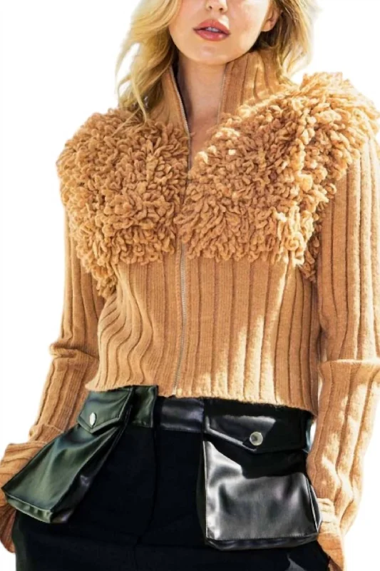 Furry Zip Up Sweater In Camel Seamless Knitted Crochet