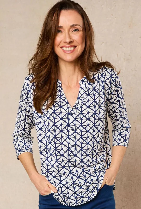 Natalia Collection Diamond Print Three Quarter Sleeve Blouse, Navy & White Modern Oversized Blouse