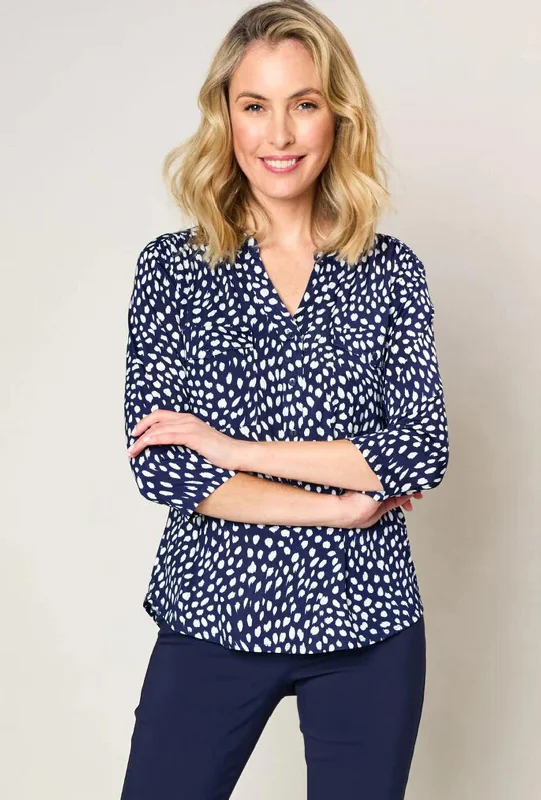 Natalia Collection Spot Print Three Quarter Sleeve Blouse, Navy & White Mandarin Collar Blouse