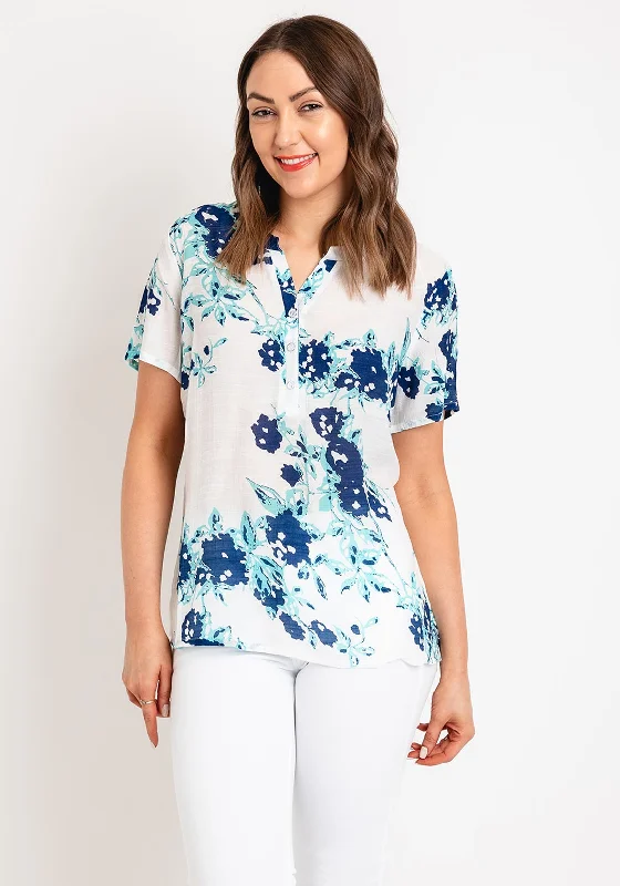 Natalia Collection Lightweight Floral Blouse, Aqua Soft Satin Blouse