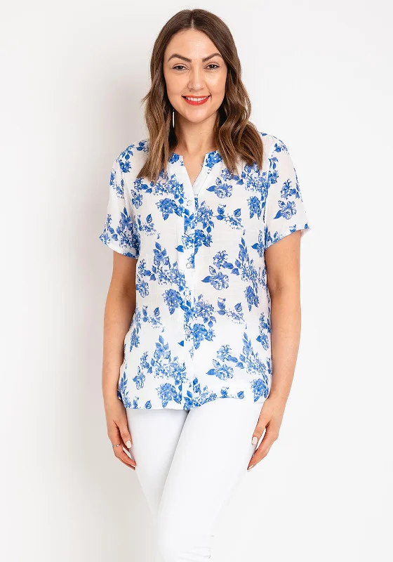 Natalia Collection Lightweight Floral Blouse, Blue Sleeveless Summer Blouse