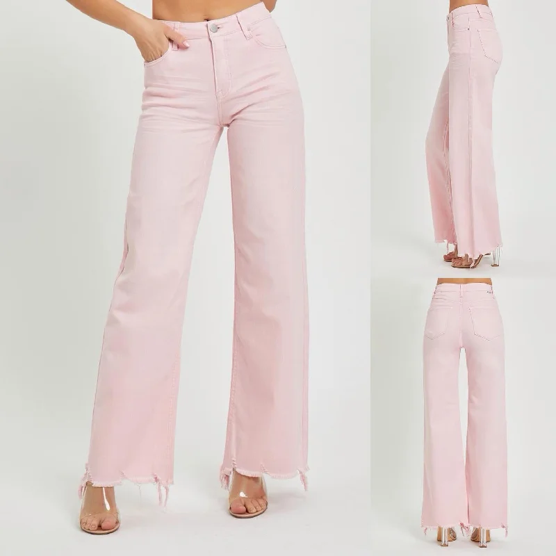 High Rise Frayed Hem Jeans In Light Pink Casual Wide-Legged Denim Jeans