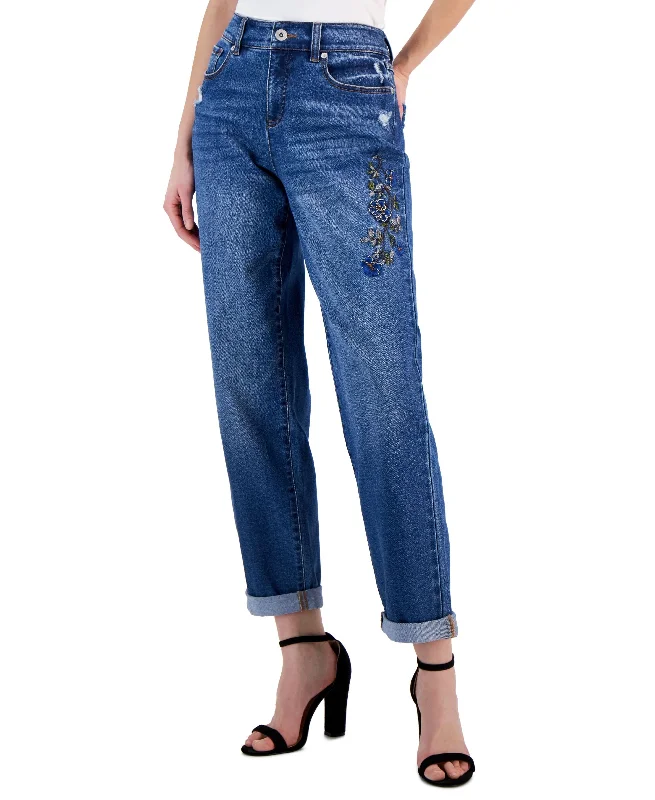 International Concepts Womens High Rise Embellished Cuffed Boyfriend Jeans Elegant Skinny Leg Jeans