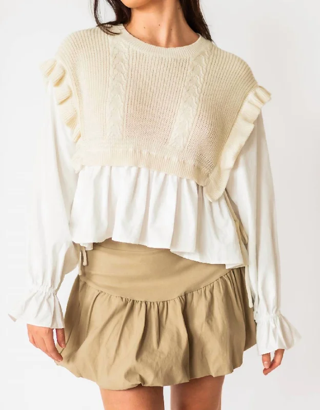 Jocelyn Knit Vest And Blouse Top In White Collared Satin Blouse