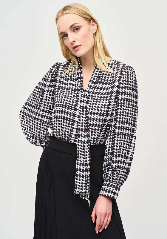 Joseph Ribkoff Plaid Tie Neck Blouse, Black & White High Neck Blouse