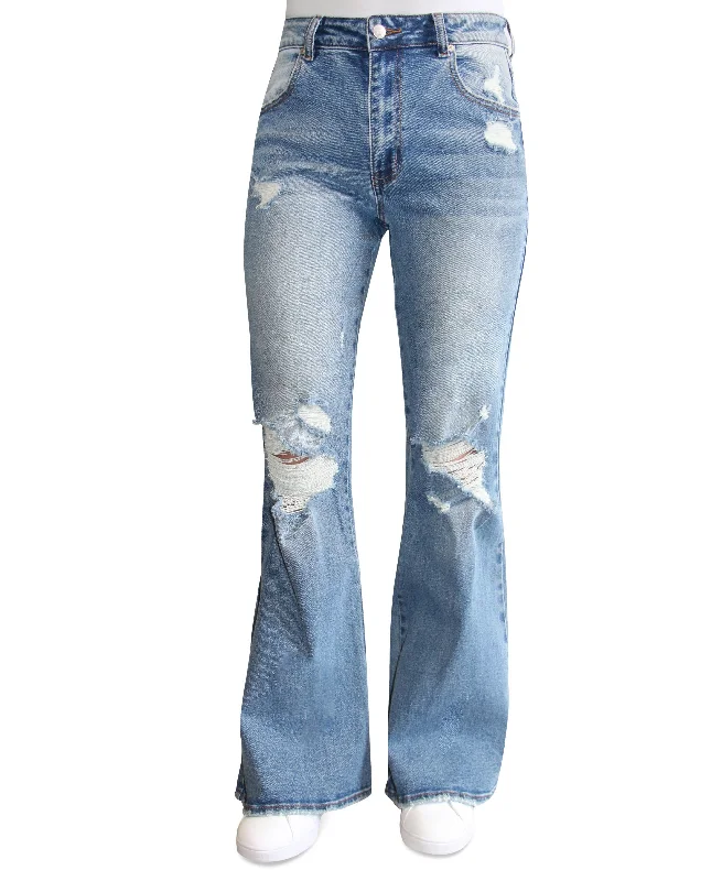 Juniors' Destructed '90s High Rise Flared Jeans Classic Slim Fit Jeans