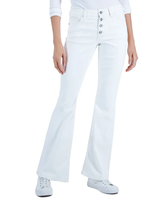 Juniors' Exposed-Button Flare-Leg Jeans Trendy Low-Rise Bootcut Jeans