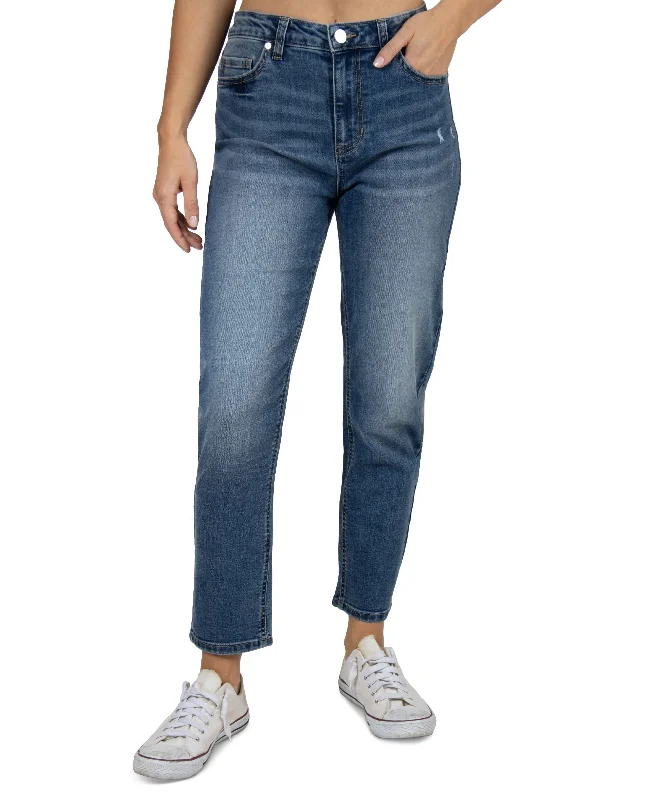 Juniors' High-Rise Straight-Leg Jeans Stylish Shredded Denim Jeans