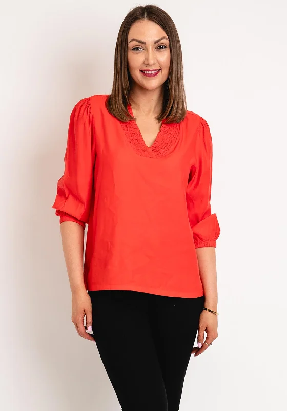 Kaffe Dahila Shirred Neckline Blouse, Cayenne Feminine Ruffle Blouse