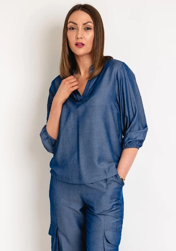 Kaffe Leonara V- Neck Blouse, Chambray Blue Casual Stripe Blouse