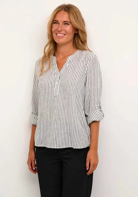 Kaffe Milia Linen Blend Blouse, Chalk & Black Stripe Satin Long Blouse