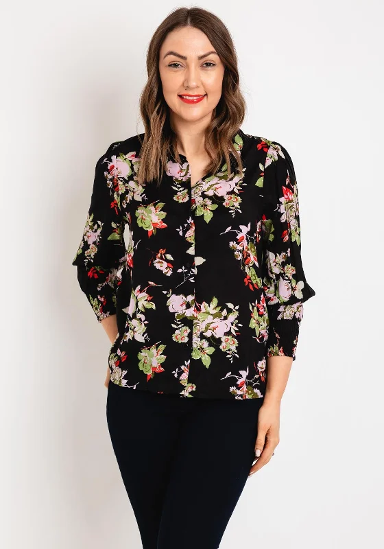 KAFFE Pollie Lightweight Floral Blouse, Black Playful Puff Blouse