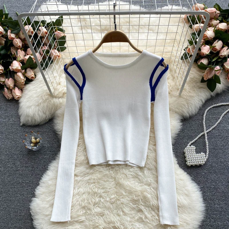Knitted Blouse women's niche design hollow out color matching long sleeves  1588 Pleated Collar Blouse