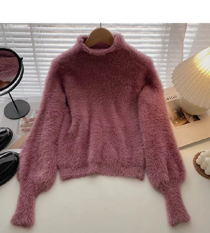 Korean style slim high collar Lantern Sleeve Blouse  5938 Stretchy Fitted Blouse